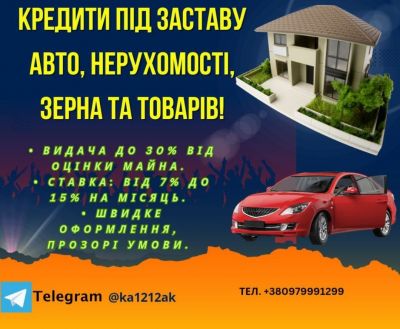 Кредити під заставу авто, нерухомості, зерна та товарів!