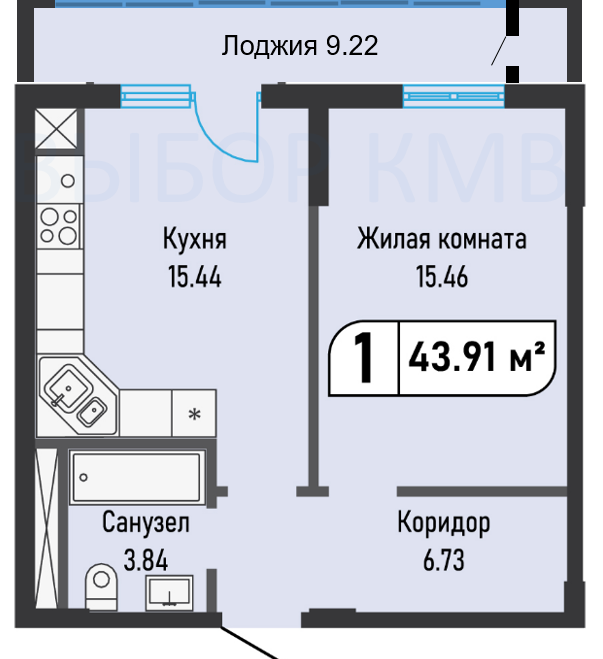 1-к квартира пл 44 кв.м.